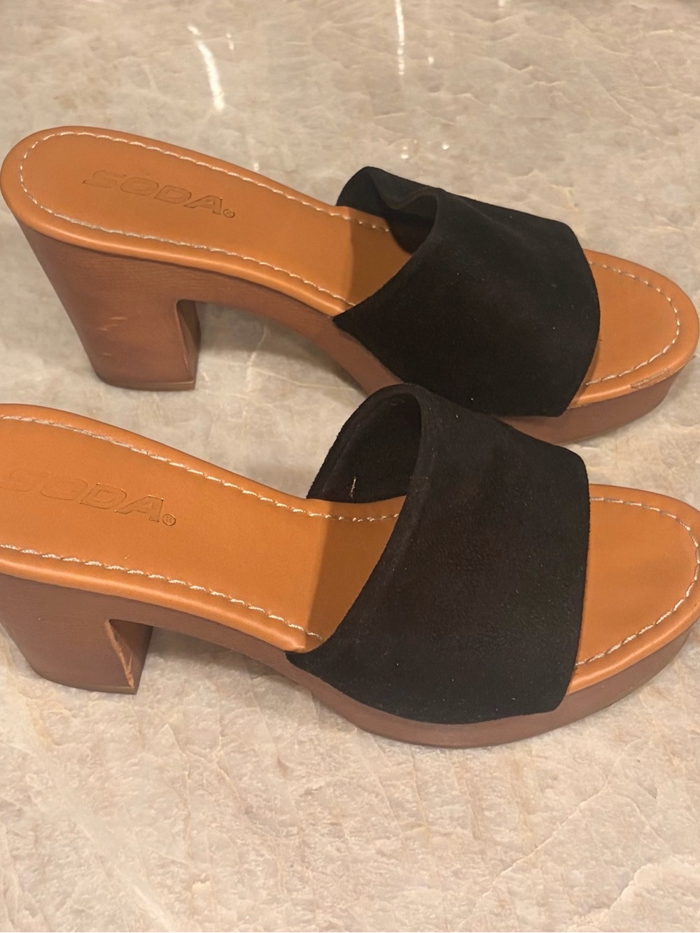 Soda Black Suede Block Heel Slide Mule with Tan Footbed
